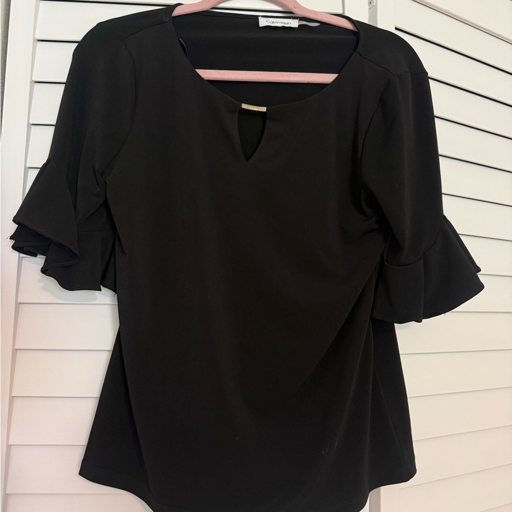 Calvin Klein Women's Black Ruffle Sleeve Blouse